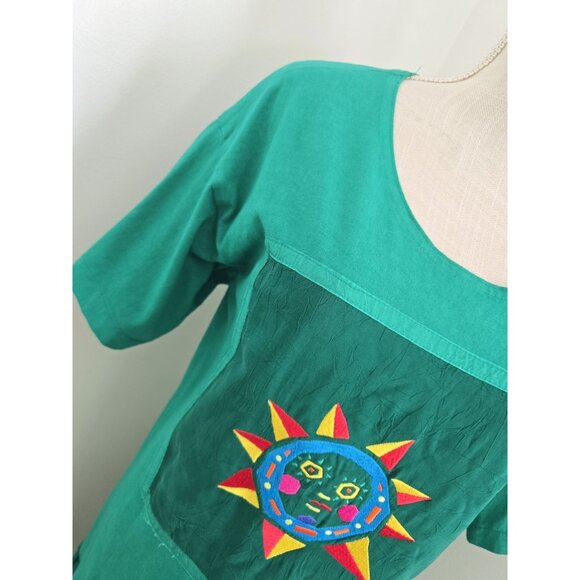 Johnny Was Vintage 90 Cotton Green Sun Embroidery Midi Drop Waist Dress S Petite - Picture 3 of 10